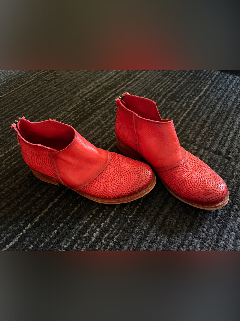Women's Red Leather Textured Ankle Booties